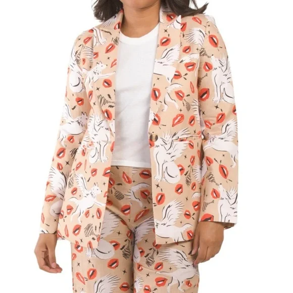 LAS SURENAS Wolf Kisses Lip Amore Print Single Button Linen Loose Fit Blazer - Picture 11 of 16